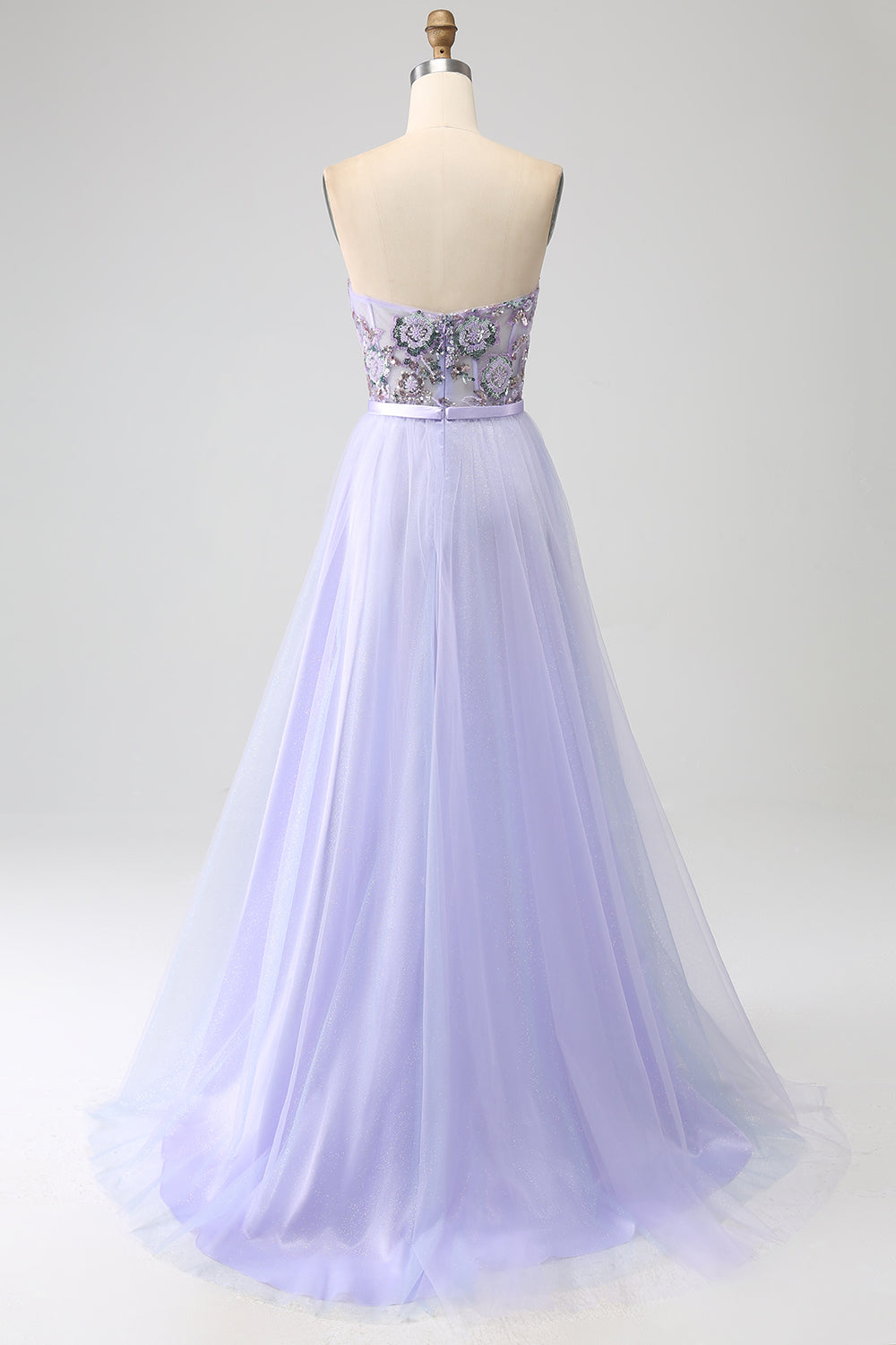 Luolandi A Line Tulle Sparkly Sequin Corset Prom Dress with Slit Off Shoulder Floor Length